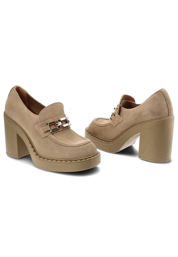 Beżowe Półbuty Lemar Wygodne Skórzane Buty. Kolor: beżowy. Materiał: skóra. Szerokość cholewki: normalna. Obcas: na obcasie. Styl: elegancki. Wysokość obcasa: średni