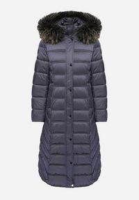 Born2be - Granatowa Pikowana Kurtka Zimowa o Długim Kroju z Odpinanym Kapturem z Futrem Mintoria. Okazja: na co dzień. Kolor: niebieski. Materiał: futro. Długość: długie. Sezon: zima. Styl: casual, elegancki #3