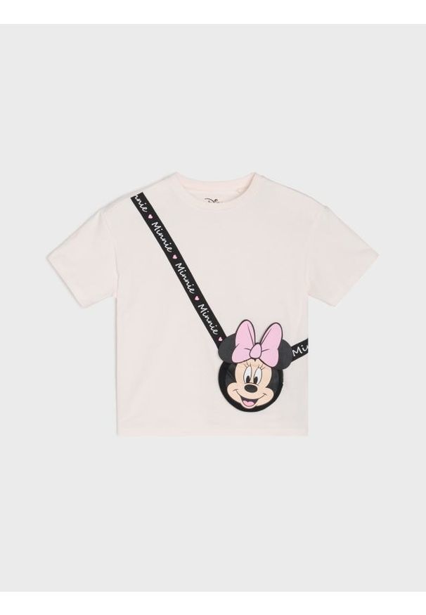 Sinsay - Koszulka z naszytą torebką zapinaną na zamek Minnie Mouse - kremowy. Kolor: kremowy. Wzór: motyw z bajki, aplikacja