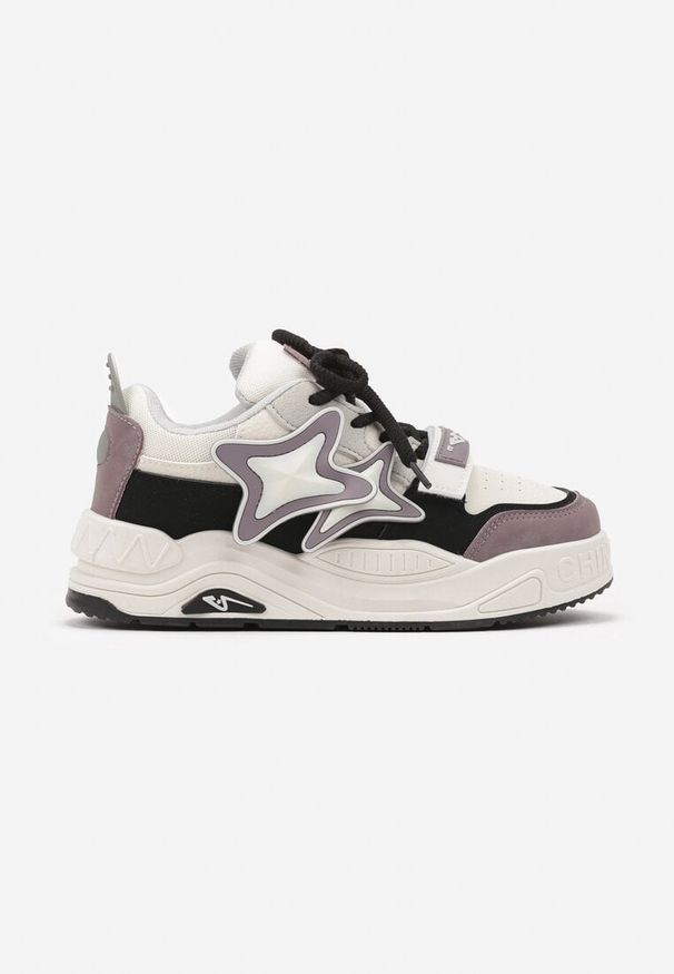 Born2be - Beżowo-Fioletowe Sneakersy na Grubej podeszwie z Zapięciem na Rzep i Aplikacją na Boku Arforina. Okazja: na co dzień. Nosek buta: okrągły. Zapięcie: rzepy. Kolor: beżowy. Materiał: jeans, materiał. Wzór: aplikacja. Obcas: na obcasie. Wysokość obcasa: niski