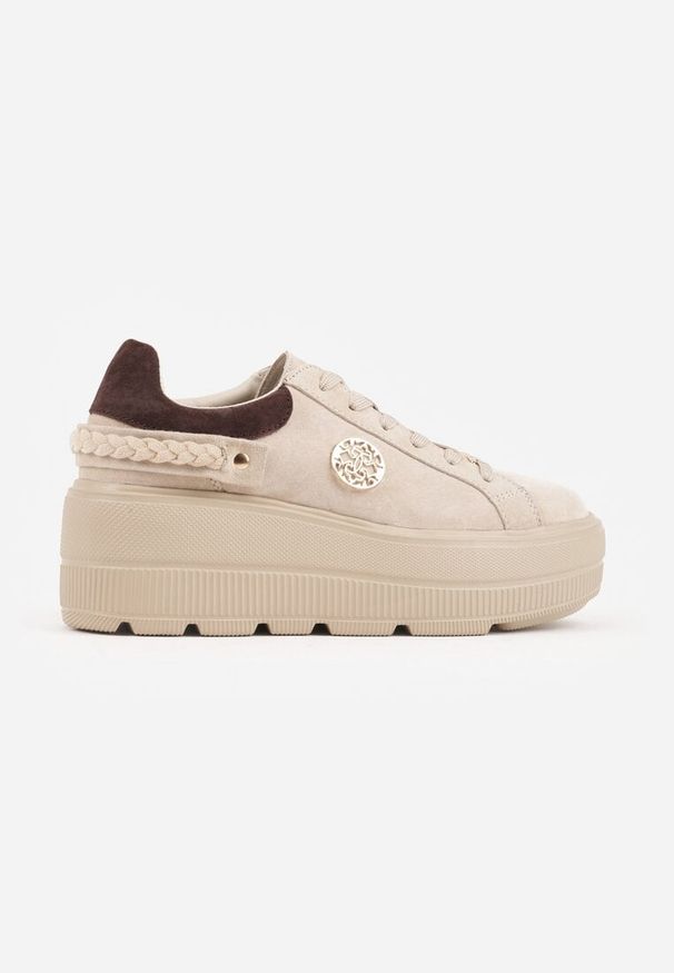 Born2be - Beżowe Sneakersy Skórzane na Grubej Podeszwie z Plecionym Paskiem i Ozdobą Chalessei. Okazja: na co dzień. Zapięcie: pasek. Kolor: beżowy. Materiał: skóra. Wzór: aplikacja