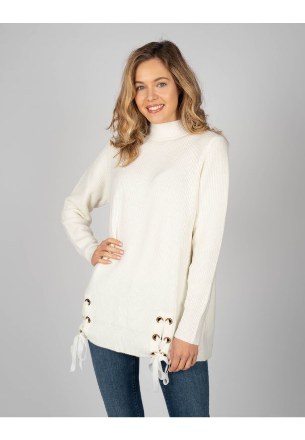 Trussardi Jeans Sweter | 56M00149 0F000210 | Kobieta | Beżowy. Okazja: na co dzień. Typ kołnierza: kołnierzyk stójkowy. Kolor: beżowy. Materiał: nylon, elastan, akryl, wełna. Długość rękawa: długi rękaw. Długość: długie. Styl: casual