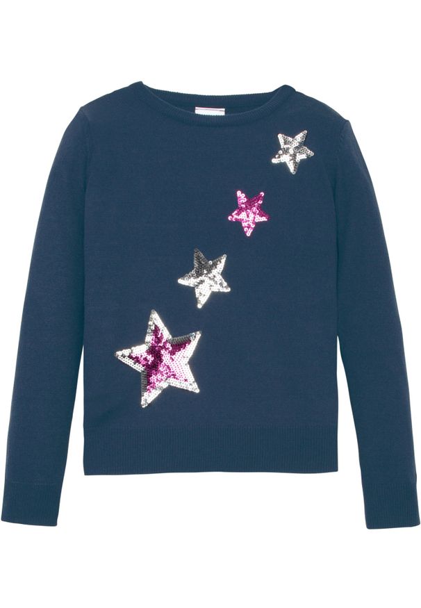 bonprix - Sweter z dzianiny o splocie drobnych oczek, z cekinami. Kolor: niebieski. Materiał: dzianina. Długość rękawa: długi rękaw. Długość: długie. Wzór: ze splotem