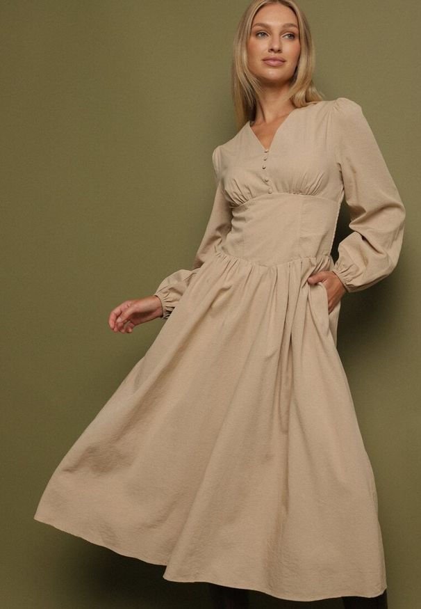 Born2be - Beżowa Sukienka z Wiskozą z Gorsetową Talią i Bufiastymi Rękawami Aniste. Okazja: na co dzień. Typ kołnierza: dekolt gorset. Kolor: beżowy. Materiał: wiskoza. Typ sukienki: gorsetowe. Styl: wizytowy, sportowy, casual, elegancki