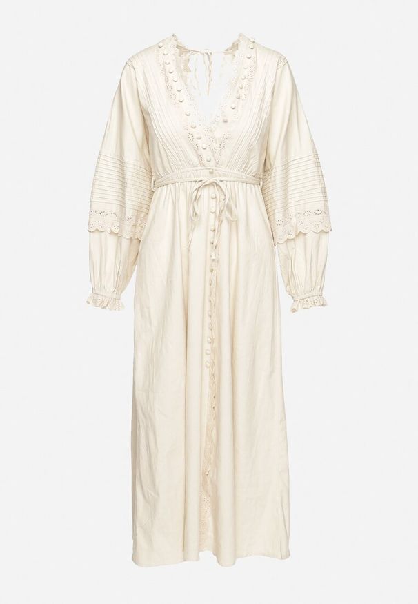 Born2be - Beżowa Bawełniana Sukienka z Koronkowymi Akcentami z Gumką w Pasie i Materiałowym Paskiem Jariena. Typ kołnierza: dekolt w kształcie V. Kolor: beżowy. Materiał: bawełna, koronka, materiał. Wzór: aplikacja