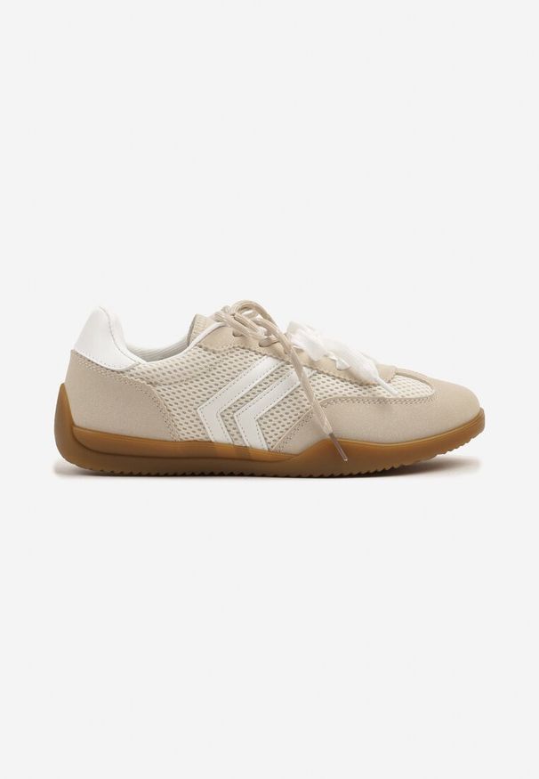 Renee - Beżowe Sneakersy w Stylu Tenisówek Ozdobione Geometrycznym Wzorem Teloriella. Okazja: na co dzień. Zapięcie: sznurówki. Kolor: beżowy. Materiał: jeans. Wzór: aplikacja, geometria