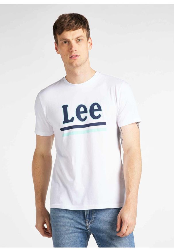 Lee - LEE STRIPE TEE MĘSKI T-SHIRT KOSZULKA LOGO NADRUK BRIGHT WHITE L64VFQLJ. Wzór: nadruk