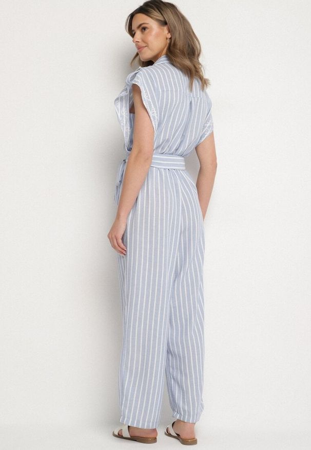 Born2be - Niebieski Bawełniany Kombinezon o Koszulowym Kroju z Wiązanym Paskiem Amerlia. Okazja: na co dzień. Kolor: niebieski. Materiał: bawełna. Styl: klasyczny, casual