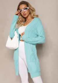 Renee - Miętowy Luźny Kardigan Niezapinany z Dłuższym Włosiem Karsta. Kolekcja: plus size. Kolor: miętowy. Materiał: dzianina. Długość: długie #3