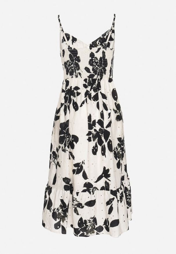 Born2be - Czarna Ażurowa Sukienka z Bawełny o Rozkloszowanym Kroju na Ramiączkach Nitaria. Okazja: na imprezę, na co dzień, na spacer. Typ kołnierza: dekolt w kształcie V. Kolor: biały. Materiał: bawełna. Długość rękawa: na ramiączkach. Wzór: ażurowy. Sezon: lato. Styl: casual