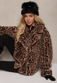 Renee - Brązowa Futrzana Kurtka w Panterkowy Print z Kieszeniami Delinnea. Okazja: na co dzień. Kolor: brązowy. Materiał: futro. Długość rękawa: długi rękaw. Długość: długie. Wzór: nadruk. Styl: casual, elegancki #3