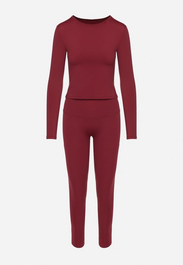Born2be - Bordowy Komplet Sportowy Legginsy i Bluzka z Długim Rękawem Toretta. Kolor: czerwony. Wzór: aplikacja