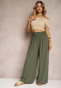 Renee - Ciemnozielone Spodnie High Waist z Szerokimi Nogawkami i Gumką w Pasie Risabessa. Okazja: na co dzień. Stan: podwyższony. Kolor: zielony. Styl: elegancki, casual #5
