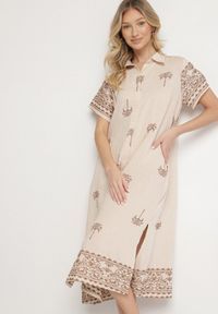 Born2be - Beżowa Pudełkowa Sukienka z Wiskozą o Koszulowym Kroju Zdobiona Haftem Sanori. Okazja: na co dzień. Kolor: beżowy. Materiał: wiskoza. Długość rękawa: krótki rękaw. Wzór: aplikacja, haft. Typ sukienki: koszulowe. Styl: klasyczny, casual #7