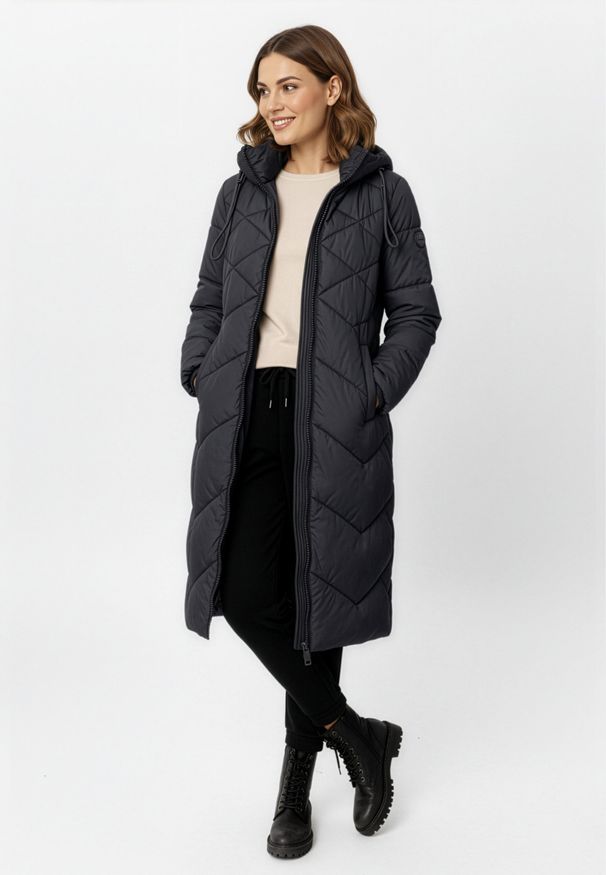 Volcano - Długi, pikowany płaszcz J-CELESTE. Typ kołnierza: kołnierzyk stójkowy. Kolor: szary. Materiał: poliester, materiał. Długość: długie. Sezon: zima