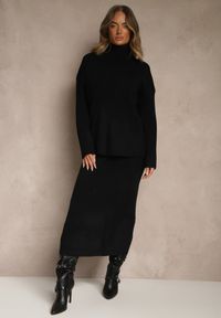 Renee - Czarny Komplet z Dzianiny z Wełną w Prążki Golf i Ołówkowa Spódnica Falirea. Kolor: czarny. Materiał: wełna, dzianina. Wzór: prążki