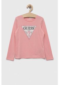 Guess longsleeve dziecięcy kolor różowy. Okazja: na co dzień. Kolor: różowy. Materiał: bawełna, dzianina. Długość rękawa: długi rękaw. Wzór: nadruk. Styl: casual, klasyczny #1