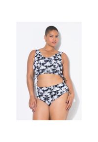ULLA POPKEN - Damskie Figi od bikini wysoki stan nadruk z palmami. Stan: podwyższony. Kolekcja: plus size. Kolor: czarny. Materiał: poliester, elastan, poliamid, materiał. Wzór: nadruk
