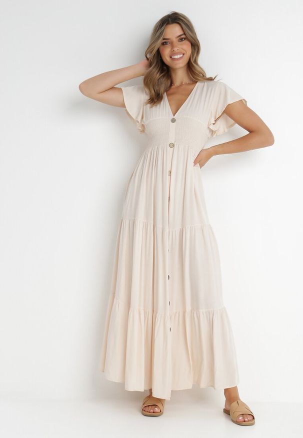 Born2be - Beżowa Sukienka z Wiskozy Heeny. Okazja: na co dzień, na randkę. Kolor: beżowy. Materiał: wiskoza. Wzór: gładki, aplikacja. Sezon: lato. Styl: casual. Długość: maxi