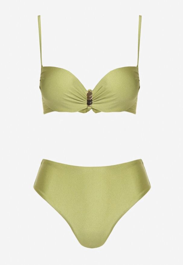 Born2be - Zielone Bikini Biustonosz z Metaliczną Aplikacją i Majtki Figi Kinelisa. Kolor: zielony. Wzór: aplikacja