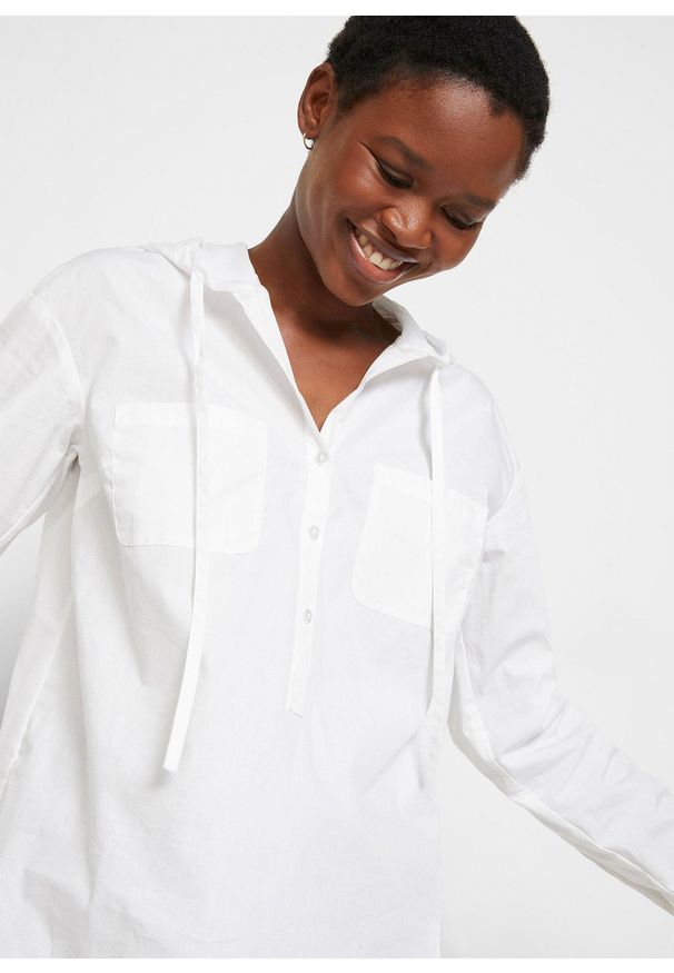 bonprix - Bluzka tunikowa z czystej bawełny organicznej. Typ kołnierza: kaptur. Kolor: biały. Materiał: bawełna