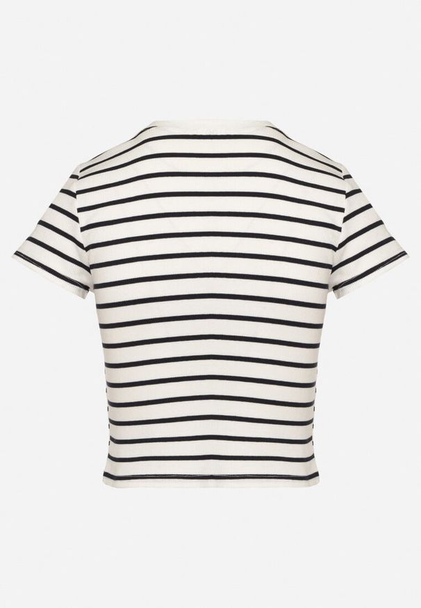 Born2be - Niebiesko-Biały Bawełniany T-shirt w Paski z Jeansową Naszywką i Napisem Velviola. Okazja: na co dzień, na spacer. Kolor: niebieski. Materiał: jeans, bawełna. Wzór: aplikacja, paski, napisy. Styl: casual, elegancki