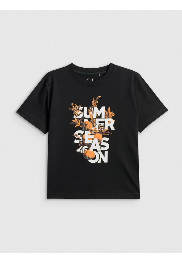 4f - 4F T-shirt boxy z nadrukiem damski - czarny S. Okazja: na co dzień. Kolor: czarny. Materiał: dzianina, bawełna, materiał. Wzór: nadruk. Styl: casual