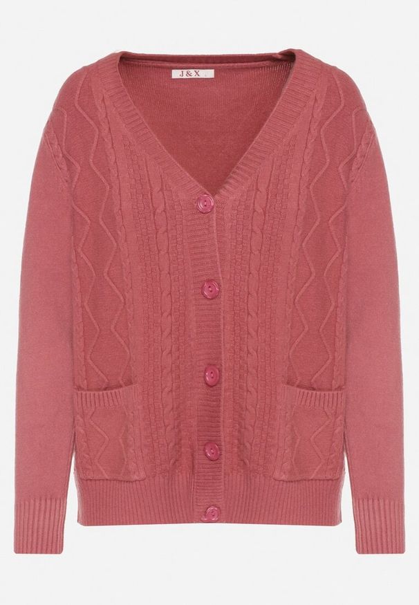 Born2be - Ciemnoróżowy Kardigan z Bawełną Zdobiony Warkoczowym Splotem i Kieszeniami Mevesava. Okazja: na co dzień. Typ kołnierza: dekolt w serek. Kolor: różowy. Materiał: bawełna. Wzór: aplikacja, ze splotem. Sezon: zima, jesień. Styl: klasyczny, casual