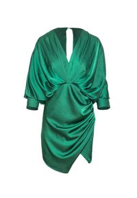 COSEL - Zielona satynowa sukienka. Okazja: na imprezę. Kolor: zielony. Materiał: satyna. Wzór: nadruk. Typ sukienki: kopertowe, asymetryczne. Styl: klasyczny, wizytowy. Długość: mini #5
