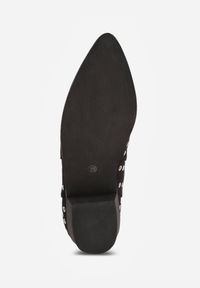 Born2be - Czarne Botki Kowbojki Vices na Obcasie Ozdobione Wycięciem i Metalicznymi Wstawkami Nelori. Okazja: na co dzień. Zapięcie: sprzączka. Kolor: czarny. Materiał: jeans. Wzór: aplikacja. Obcas: na obcasie. Styl: casual, klasyczny. Wysokość obcasa: średni #2