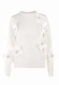Born2be - Biały Sweter Lasthania. Okazja: na co dzień. Kolor: biały. Materiał: tkanina, jeans, prążkowany. Długość rękawa: długi rękaw. Długość: długie. Wzór: kwiaty, aplikacja. Styl: casual, klasyczny #6