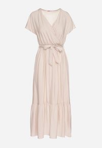 Born2be - Beżowa Wiskozowa Sukienka z Kopertowym Dekoltem z Paskiem Savorlisse. Okazja: na co dzień. Kolor: beżowy. Materiał: wiskoza. Wzór: aplikacja. Typ sukienki: kopertowe. Styl: casual, klasyczny #3