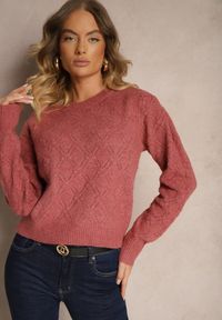 Renee - Różowy Sweter w Klasycznym Stylu z Tłoczonym Wzorem Deriel. Okazja: na co dzień. Kolor: różowy. Materiał: jeans. Długość rękawa: długi rękaw. Długość: długie. Styl: klasyczny