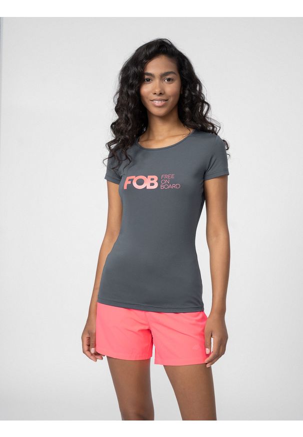 4f - Koszulka szybkoschnąca z filtrem UV damska. Kolor: szary. Materiał: materiał, dzianina. Styl: sportowy
