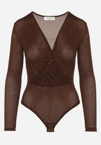 Born2be - Brązowe Kopertowe Body z Domieszką Wiskozy Zdobione Brokatem i Cekinami Jaddie. Okazja: na co dzień. Typ kołnierza: dekolt w serek. Kolor: brązowy. Materiał: wiskoza. Długość rękawa: długi rękaw. Długość: długie. Wzór: aplikacja. Styl: casual, klasyczny #4