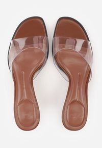 Renee - Brązowe Transparentne Klapki na Kaczuszce Helymna. Okazja: na co dzień. Kolor: brązowy. Materiał: jeans, skóra, koronka. Obcas: na szpilce. Styl: casual #7