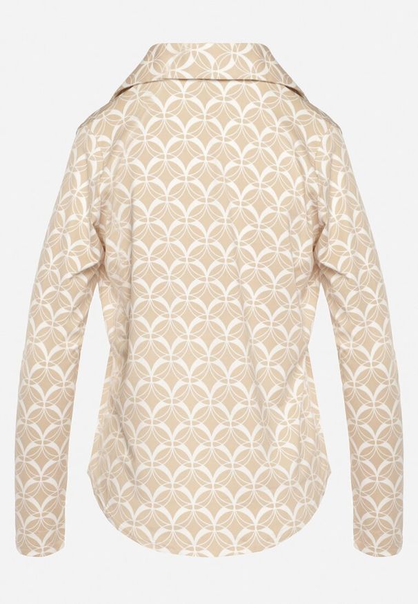 Born2be - Beżowa Koszula z Metalicznymi Guzikami i Oryginalnym Wzorem Orlenmdra. Okazja: do pracy, na spotkanie biznesowe. Kolor: beżowy. Wzór: geometria. Styl: klasyczny, biznesowy