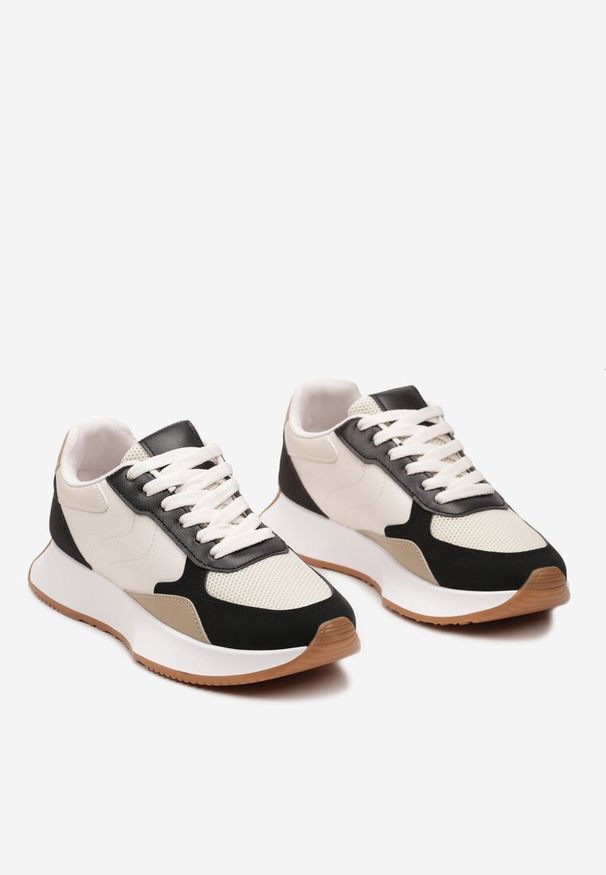 Renee - Czarno-Beżowe Sneakersy z Siateczkową Wstawką na Nosku Hlimeltia. Kolor: beżowy. Materiał: jeans, dresówka