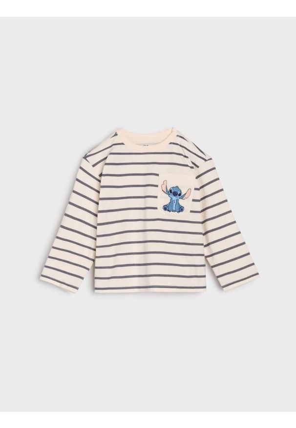 Sinsay - Bawełniana koszulka z długimi rękawami Stitch - kremowy. Kolor: kremowy. Materiał: bawełna. Długość rękawa: długi rękaw. Długość: długie