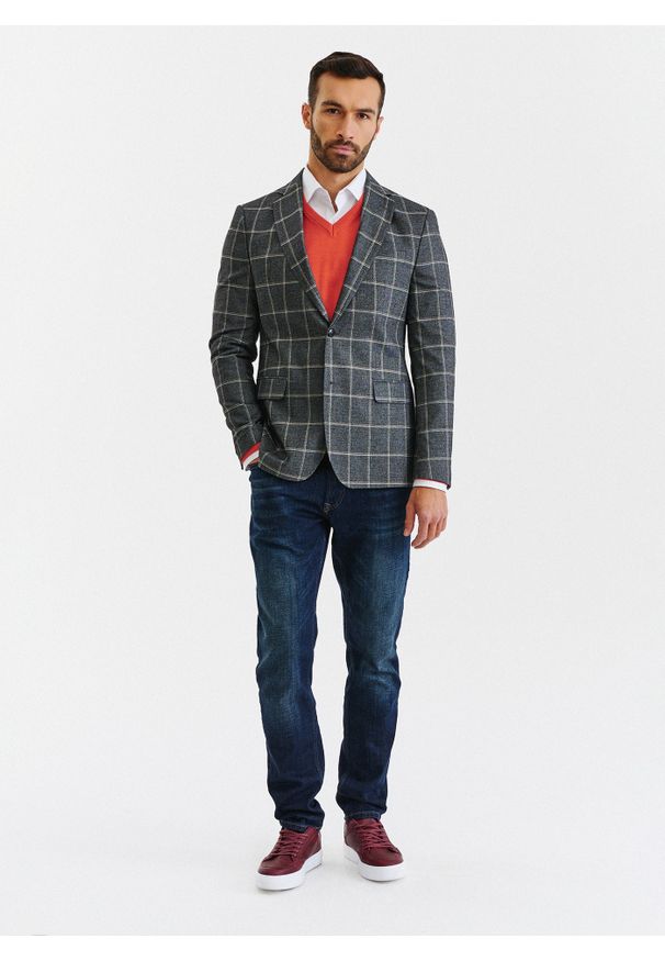 Pako Lorente - PAKO LORENTE – Szara marynarka męska w kratę. Okazja: na co dzień. Kolor: szary. Materiał: wiskoza, elastan, poliester. Styl: casual