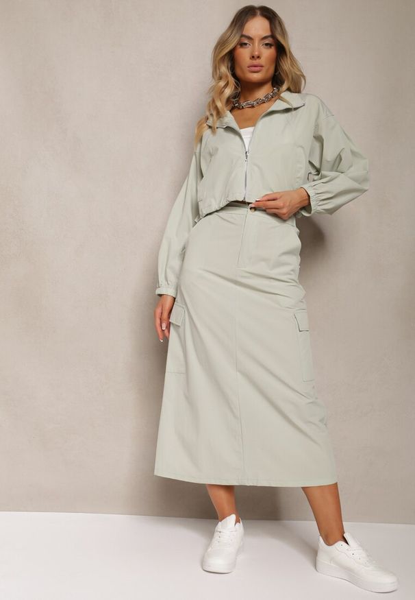 Renee - Miętowy Casualowy Komplet 2-Częściowy Rozpinana Bluza i Spódnica z Kieszeniami na Klapy Lennira. Kolor: miętowy