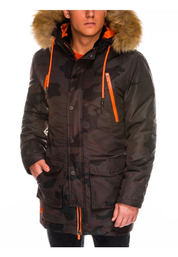 Ombre Clothing - Kurtka męska zimowa parka C358 - moro - L. Materiał: futro, poliester. Wzór: moro. Sezon: zima