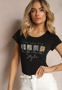 Renee - Czarny T-shirt z Bawełny Ozdobiony Nadrukiem Isantia. Kolor: czarny. Materiał: bawełna. Wzór: aplikacja, nadruk