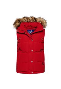 Damska kurtka puchowa bez rękawów ze sztucznego futra Superdry Everest. Okazja: na co dzień. Kolor: czerwony. Materiał: futro, puch. Długość rękawa: bez rękawów. Styl: casual, elegancki #1