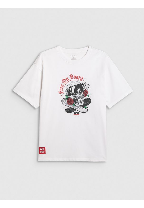 4f - 4F T-shirt loose z nadrukiem męski - biały L. Okazja: na co dzień. Kolor: biały. Materiał: dzianina, bawełna, materiał. Wzór: nadruk. Styl: casual