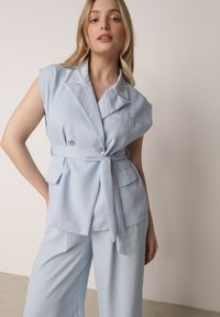 Born2be - Niebieski Elegancki Komplet Garniturowy z Wiskozy Spodnie i Kamizelka z Paskiem Amwyn. Kolor: niebieski. Materiał: wiskoza #2