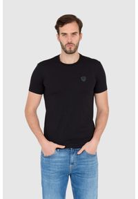 EA7 Emporio Armani - EA7 Czarna koszulka męska z naszywką z logo, Rozmiar M. Kolor: czarny. Wzór: aplikacja