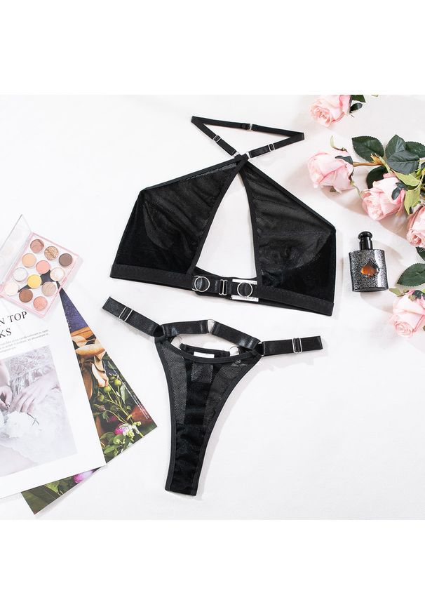 Intica - Biustonosz skrzyżowany z regulowanymi paskami komplet bielizny Jeanine. Kolor: czarny. Materiał: materiał, skóra