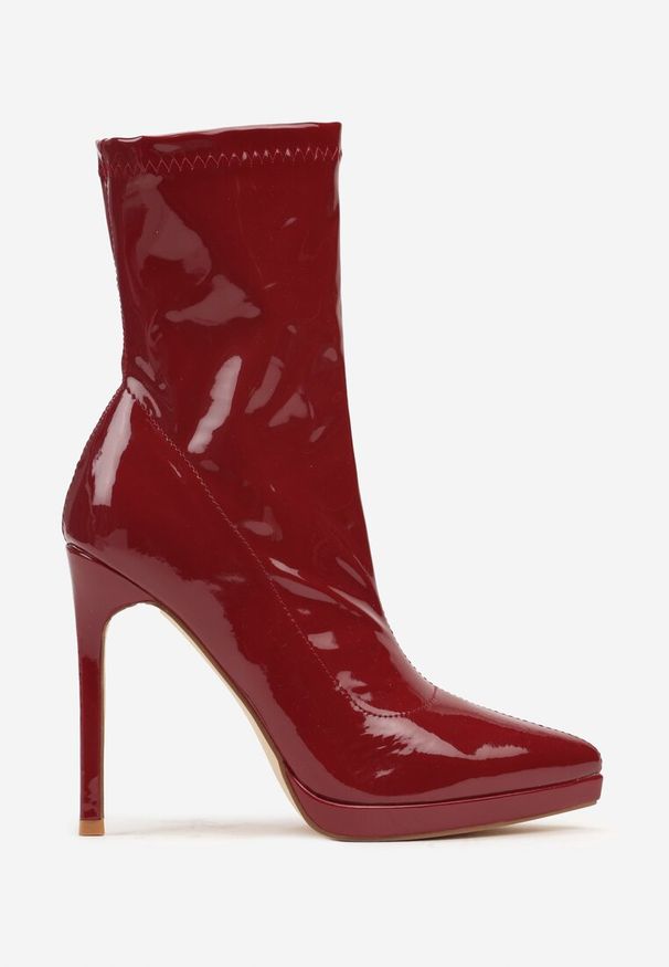 Renee - Bordowe Lakierowane Botki Eleganckie na Szpilce Merilie. Okazja: na co dzień. Kolor: czerwony. Materiał: lakier. Obcas: na szpilce. Styl: elegancki