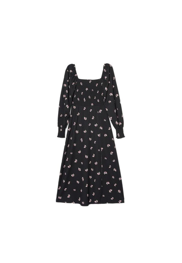 Cropp - Sukienka midi w kwiaty - Czarny. Typ kołnierza: dekolt kwadratowy. Kolor: czarny. Materiał: poliester, elastan, syntetyk, materiał, włókno, dzianina. Wzór: kwiaty. Styl: klasyczny. Długość: midi